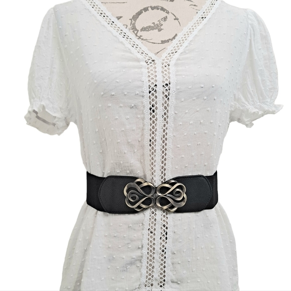 Black antique gold ornate buckle corset boho elastic wide waist dress belt - Picture 4 of 10